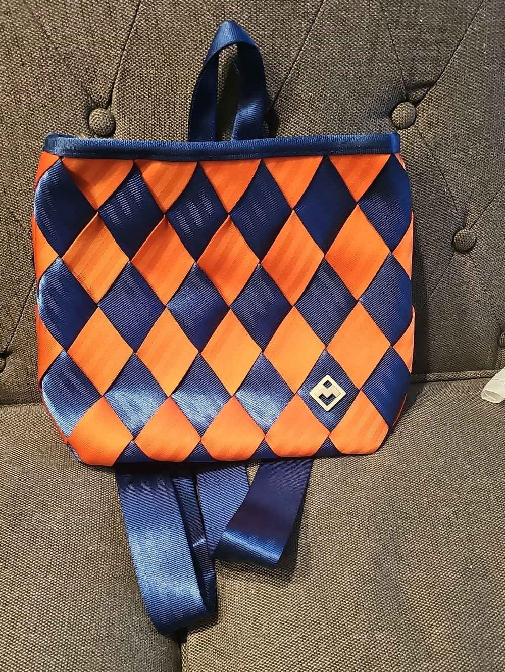 Blue & Orange Diamond-Pattern Womens Backpack - Unbranded